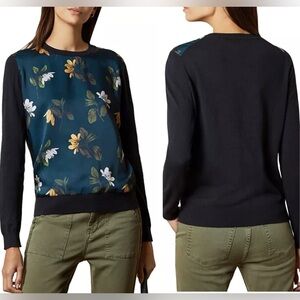 Ted Baker Emileiy Savanna Print Floral Silk Green Black Sweater Top size 1 (4US)